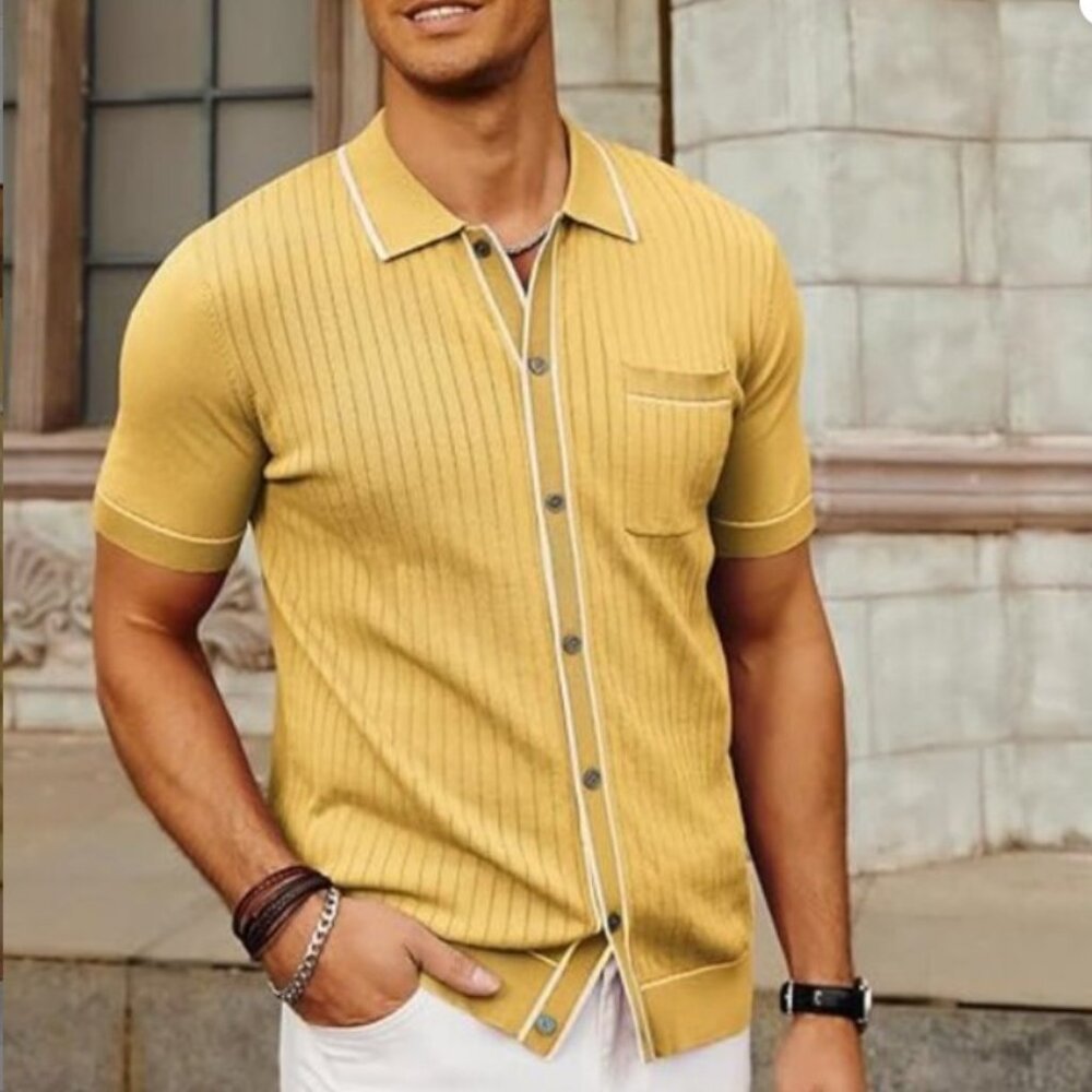 PJ PAUL JONES Men's Short Sleeve Knit Polo Shirts Golf Cardigans, Yellow, size L